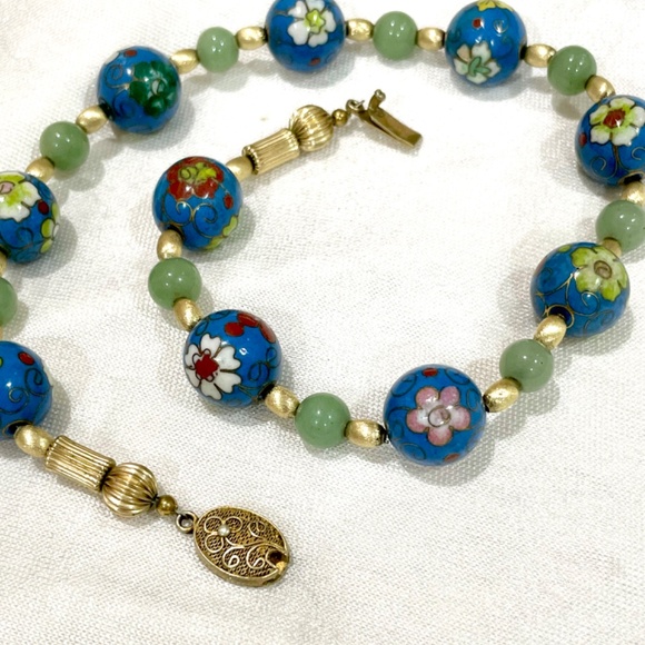 Vintage Chinese Blue Cloisonné Jadeite Sterling Silver Bead Necklace Enamel - Picture 8 of 11